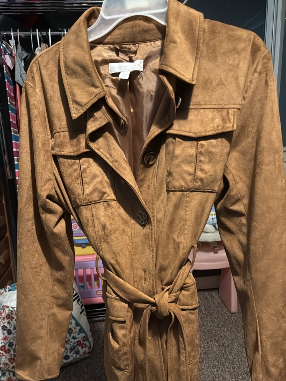 New York & Company Tan Faux-Suede Belted Trench Coat
